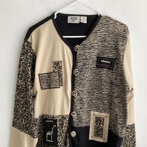 Keneth Too Womens Jacket Sz XL Button Down Animal Print Beaded Cotton Bl…